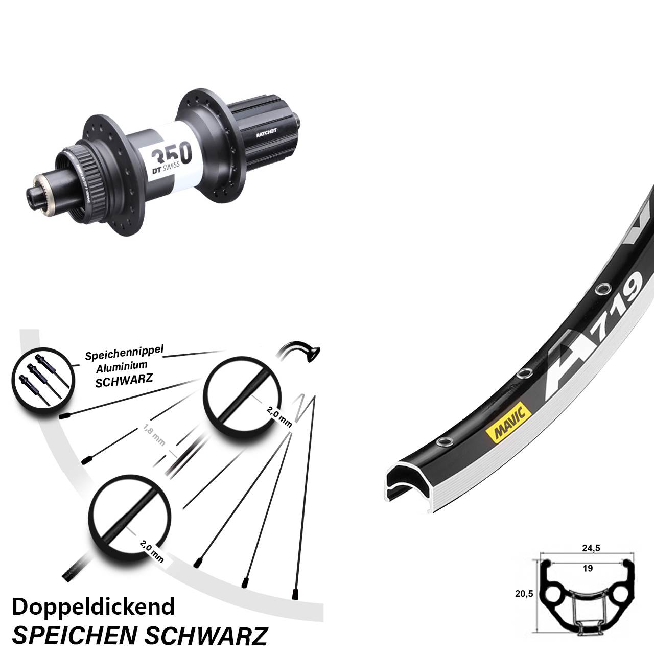 28 Zoll Hinterrad DT Swiss 350 Mavic A 719 für Felgenbremse 8-11 fach