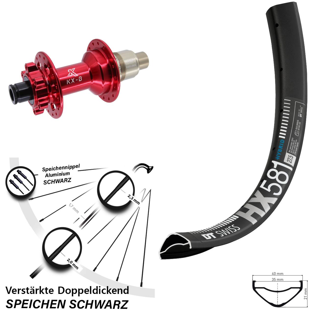 DT Swiss HX 581 KX-B rot 27,5 Zoll Hinterrad 6-Loch 12x148 SRAM XD