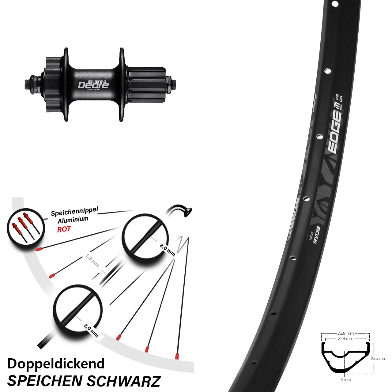 Disc Hinterrad 28 Zoll Ryde Edge M22 Shimano FH-M525 8-11 fach HG QR