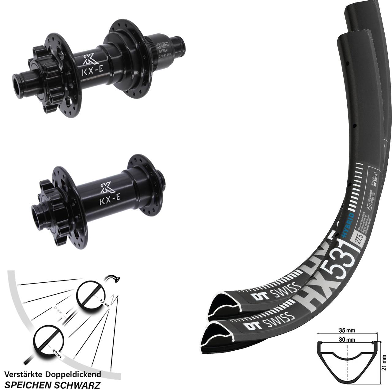 Laufradsatz 15x110 12x148 27,5 Zoll DT Swiss HX531 Heavy Duty KX-E 6-Loch XD 11-12 fach