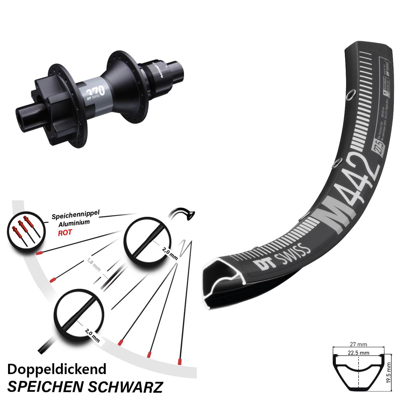 Hinterrad 29 Zoll M 442 DT Swiss 370 Steckachse 12x142 mm Sram XD 6-loch