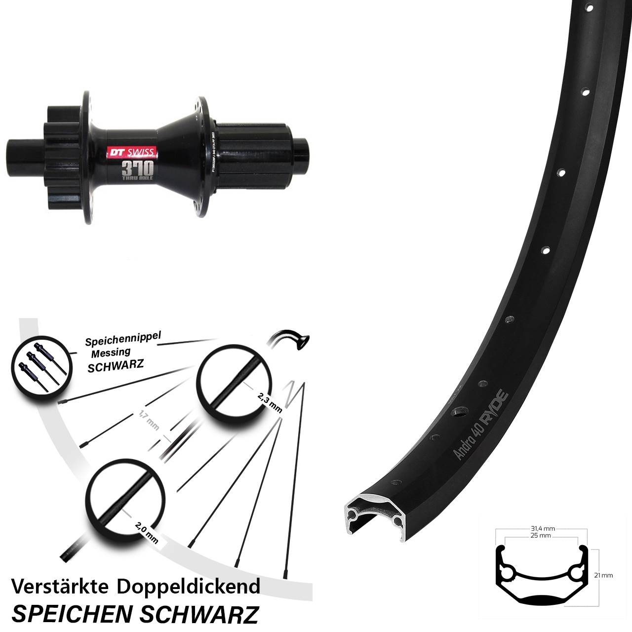 Ryde Andra 40 DT Swiss 370 Hybrid 20 Zoll Disc Laufrad 12x142 8-11 fach HG
