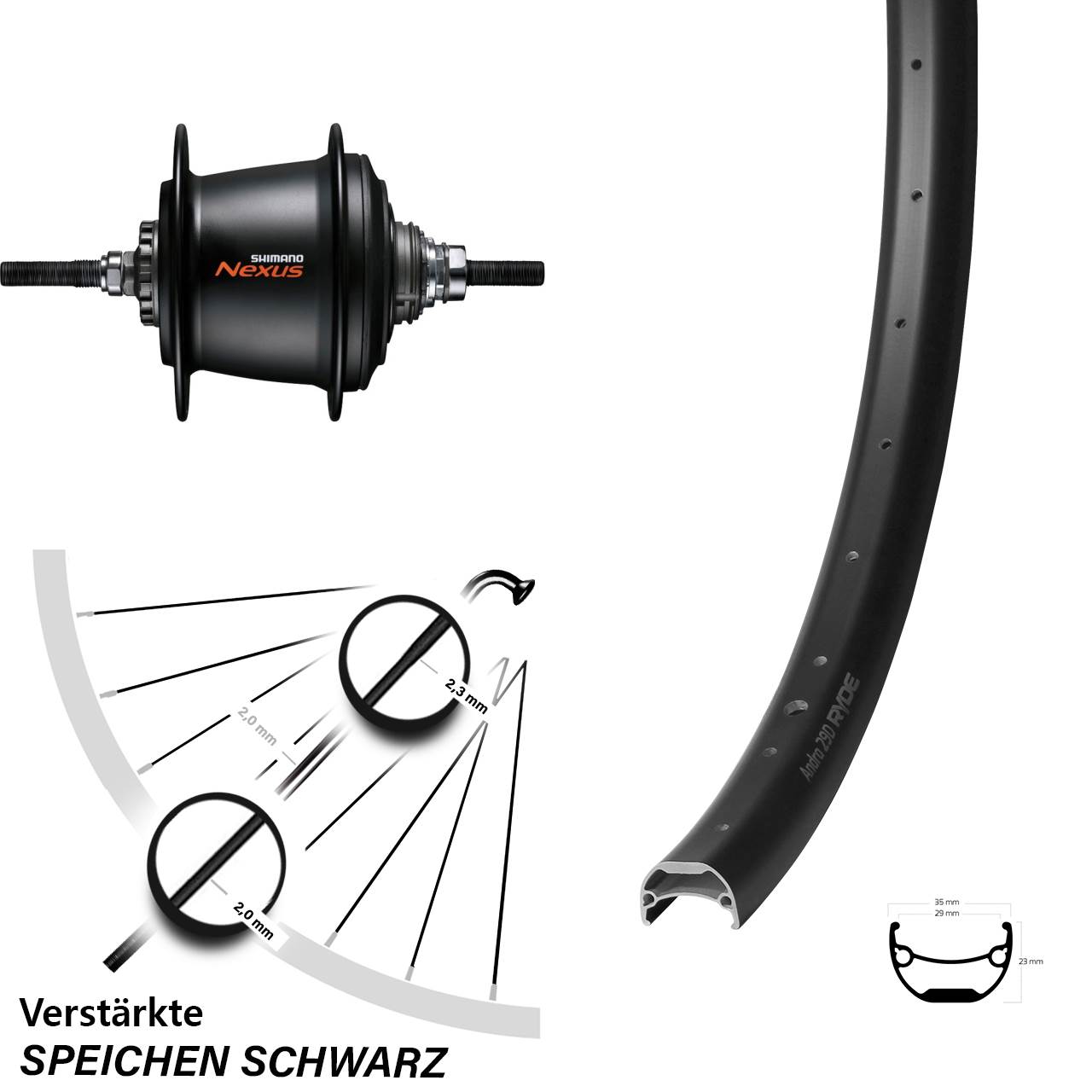 26 Zoll Hinterrad Ryde Andra 29 Shimano 7 Gang SG-C3001 für Rollenbremse