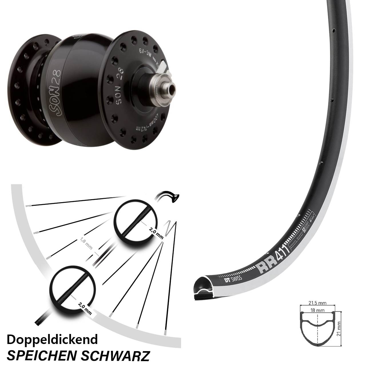 Vorderrad Fahrrad schwarzer Nabendynamo Son 28 Zoll DT Swiss RR 411