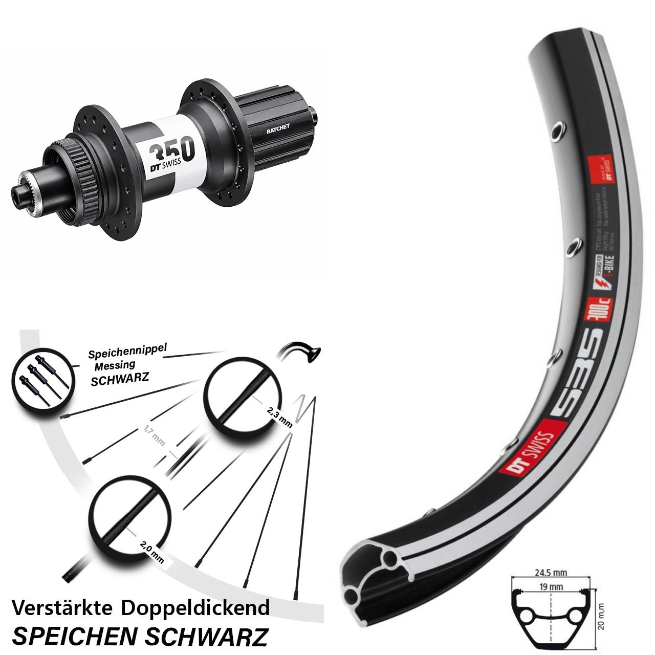 26 Zoll DT Swiss 535-350 Hinterrad QR 8-11 fach