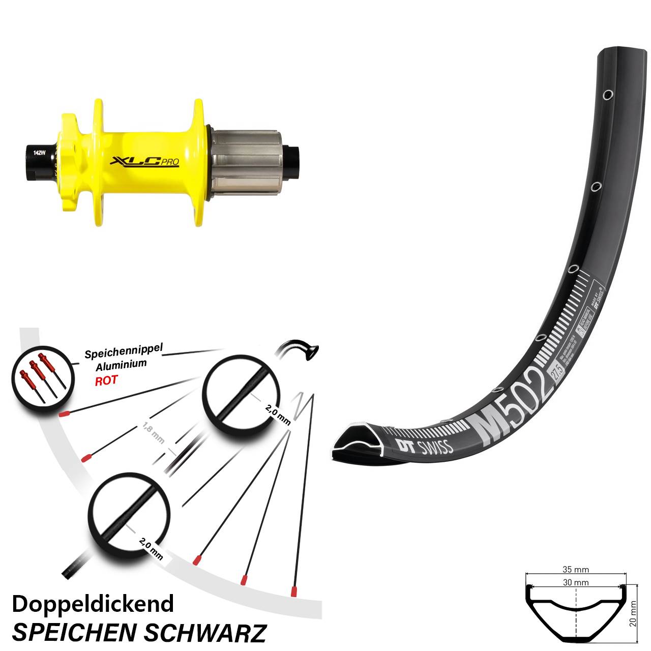 29 Zoll DT Swiss M 502 XLC Pro gelb 6-Loch Hinterrad 12x142 8-11 fach HG