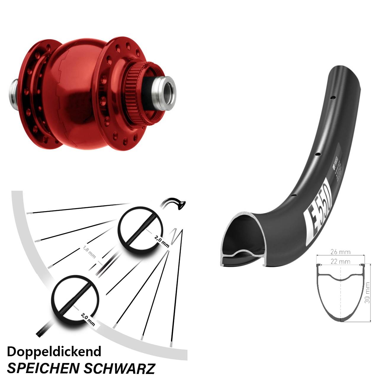 Disc Vorderrad mit Nabendynamo 12x100 DT Swiss E550 SON 28 Zoll rot