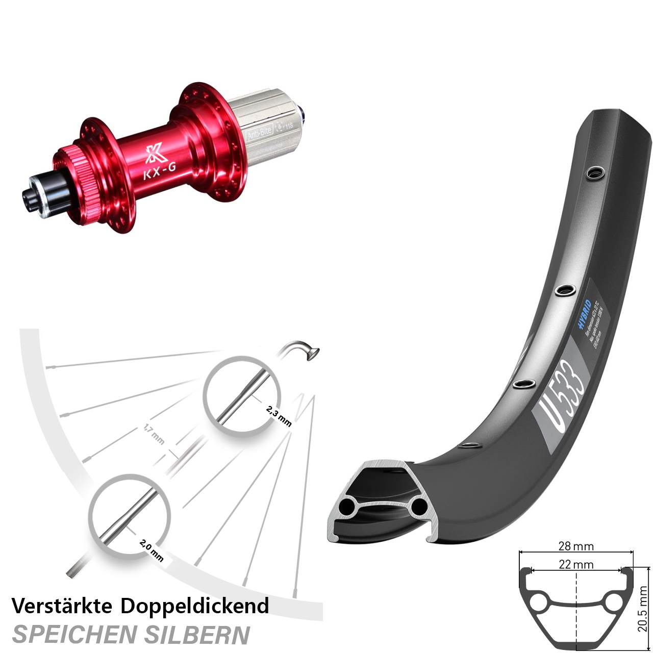 DT Swiss U533 KX-G rot 26 Zoll Hinterrad Centerlock QR 8-12 fach HG