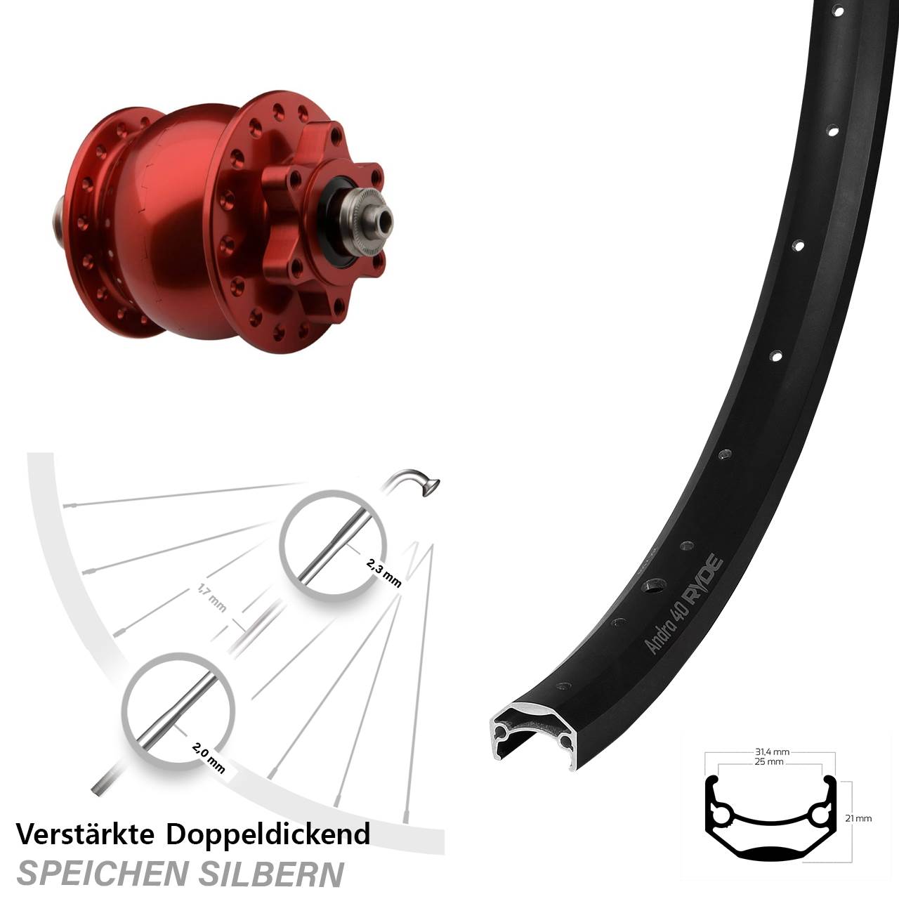 Disc Laufrad mit Nabendynamo 20 Zoll Ryde Andra 40 SON 28 rot für Schnellspanner