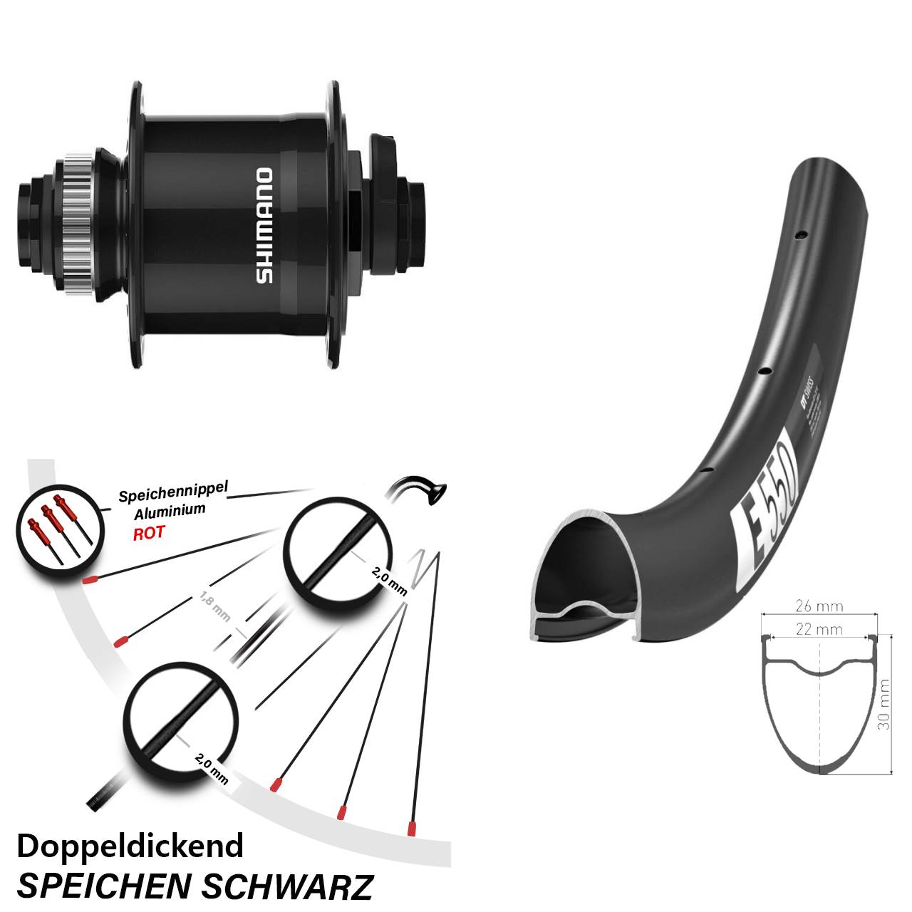 DT Swiss E 550 Shimano DH-UR708 28 Zoll Disc Vorderrad mit Nabendynamo 15x100