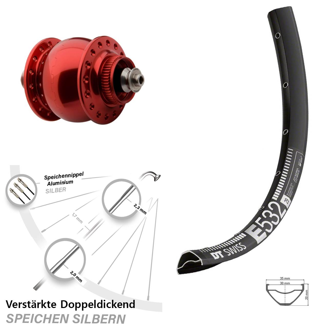 SON 28 rot DT Swiss E 532 29 Zoll Disc Laufrad mit Nabendynamo QR