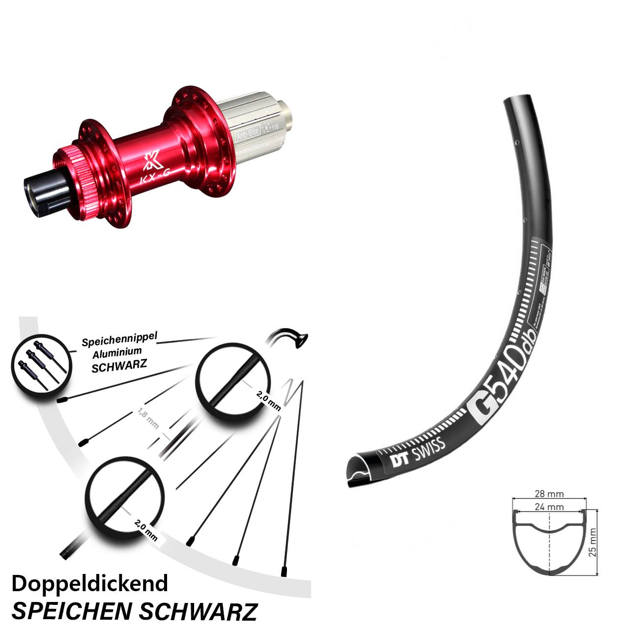 DT Swiss G 540 Gravel Hinterrad 28/29 Zoll mit KX-G Nabe rot-eloxiert Shimano 8-12 fach