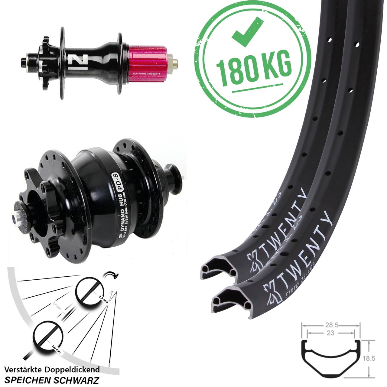 Laufradsatz 20 Zoll KX Twenty 6-Loch 5x100/135 Novatec D792SB SP PD-8 Dynamo HG 8-12 fach