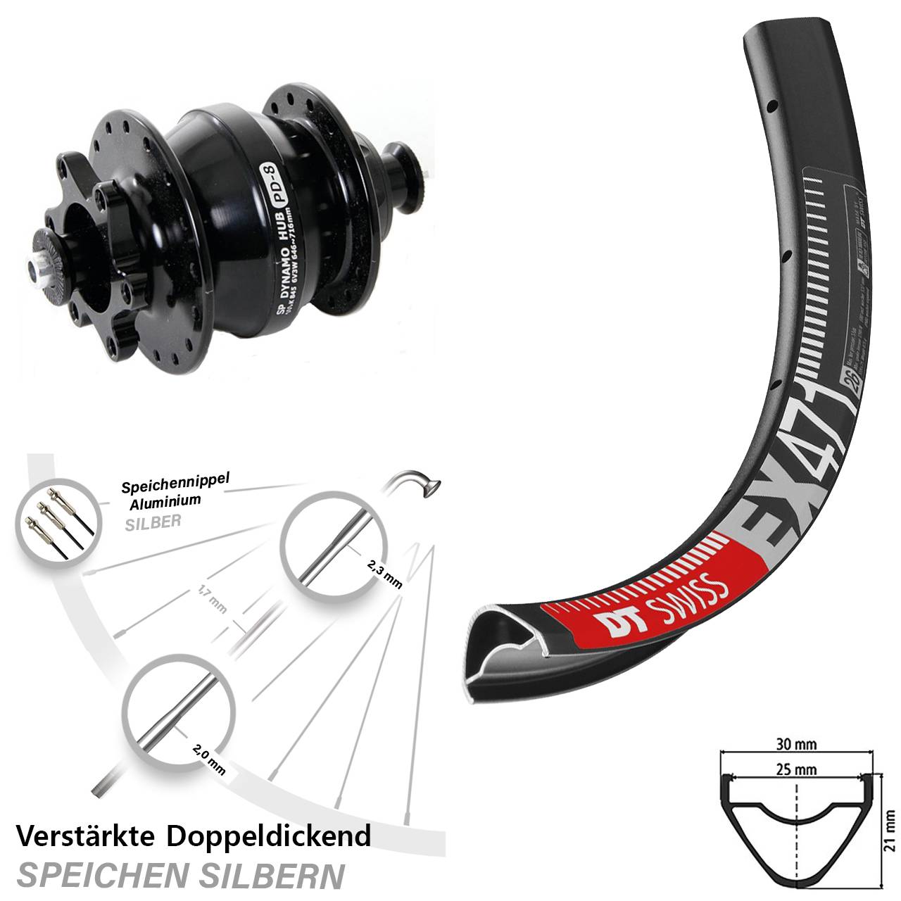 Disc 29 Zoll Nabendynamolaufrad für Schnellspanner DT Swiss EX471 Shutter PD-8