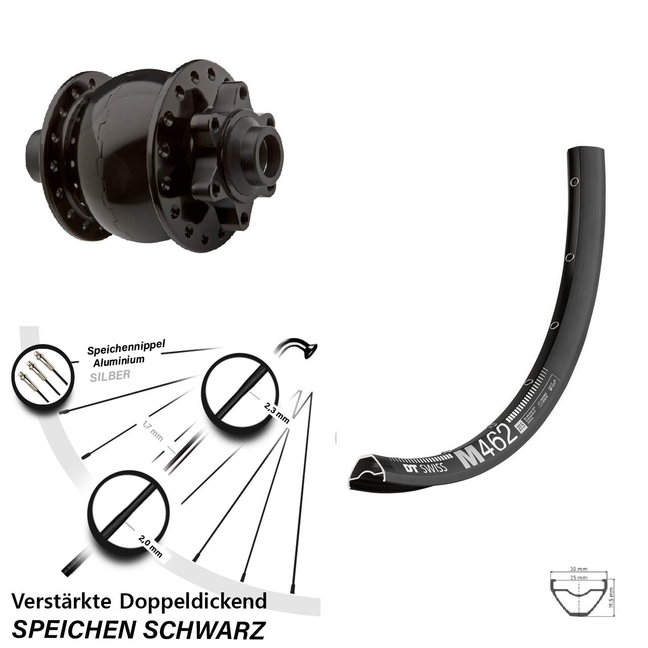 29 Zoll Vorderrad mit Nabendynamo 6-Loch DT Swiss M 462 SON 28 15x100 mm