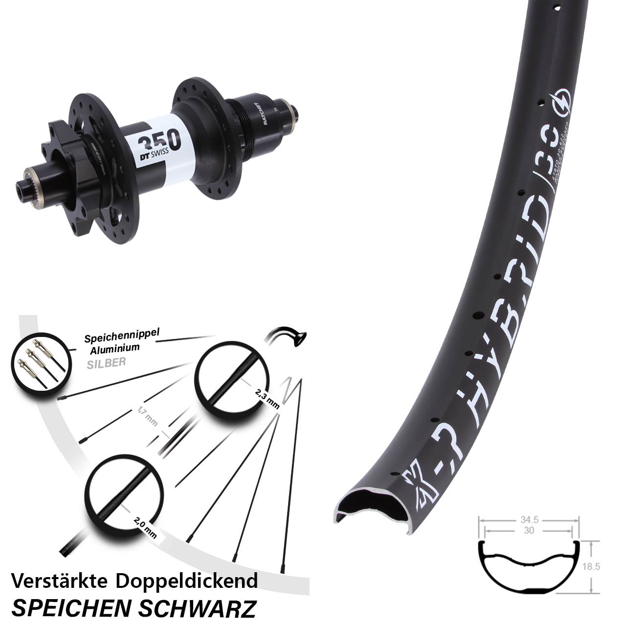 29 Zoll KX-R Hybrid 30 DT Swiss 350 Disc Hinterrad für Schnellspanner XD