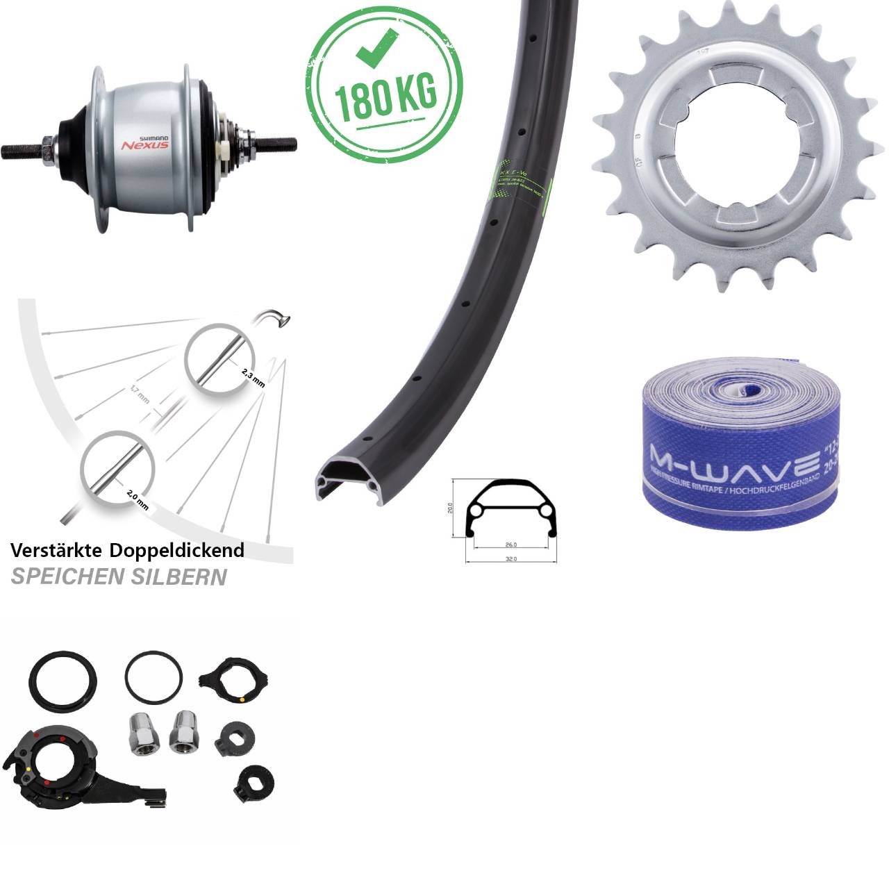 26 Zoll KX Evo Shimano Nexus 8 Gang Hinterrad für Rollenbremse