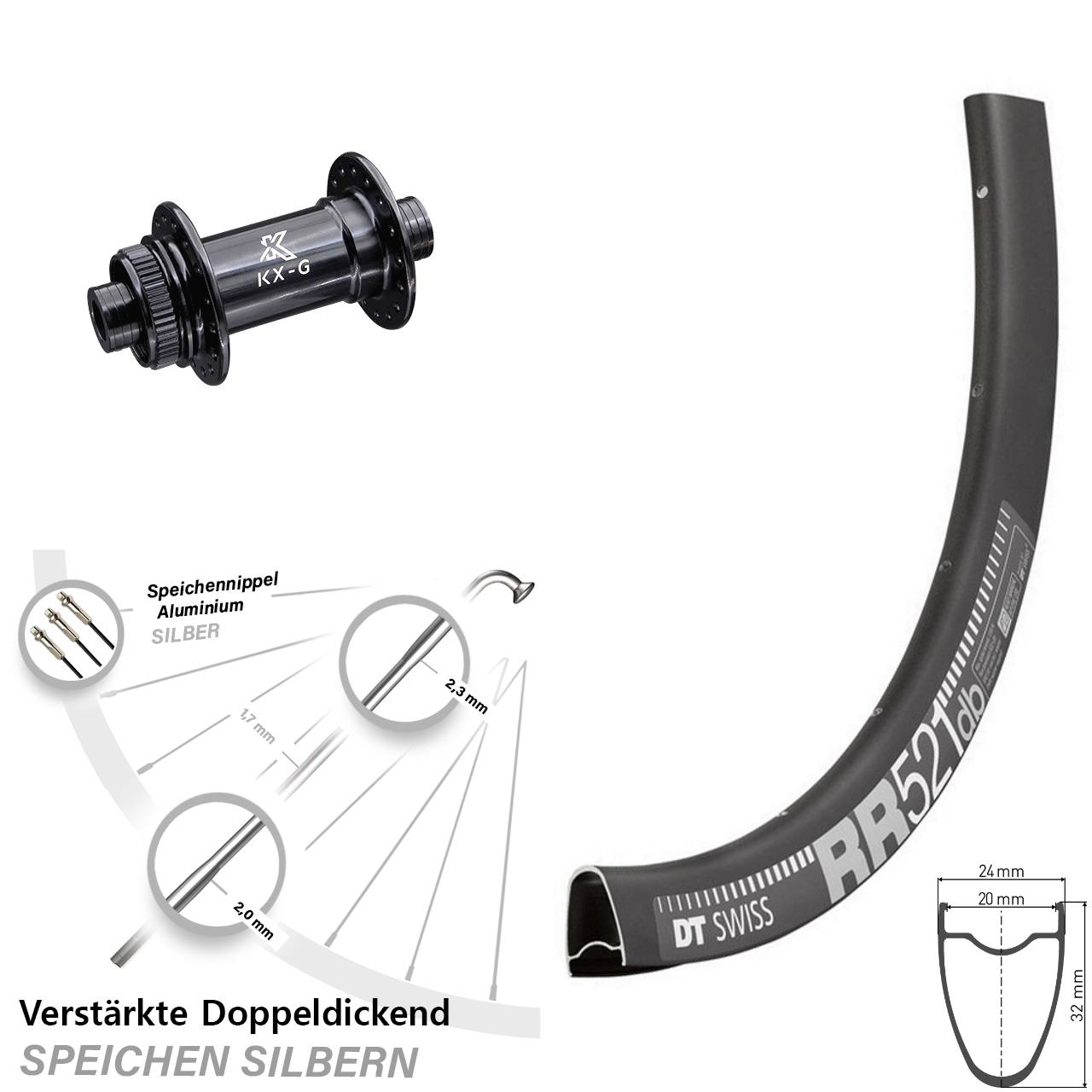 Centerlock Vorderrad 28 Zoll DT Swiss RR521 KX-G Gravel 12x100