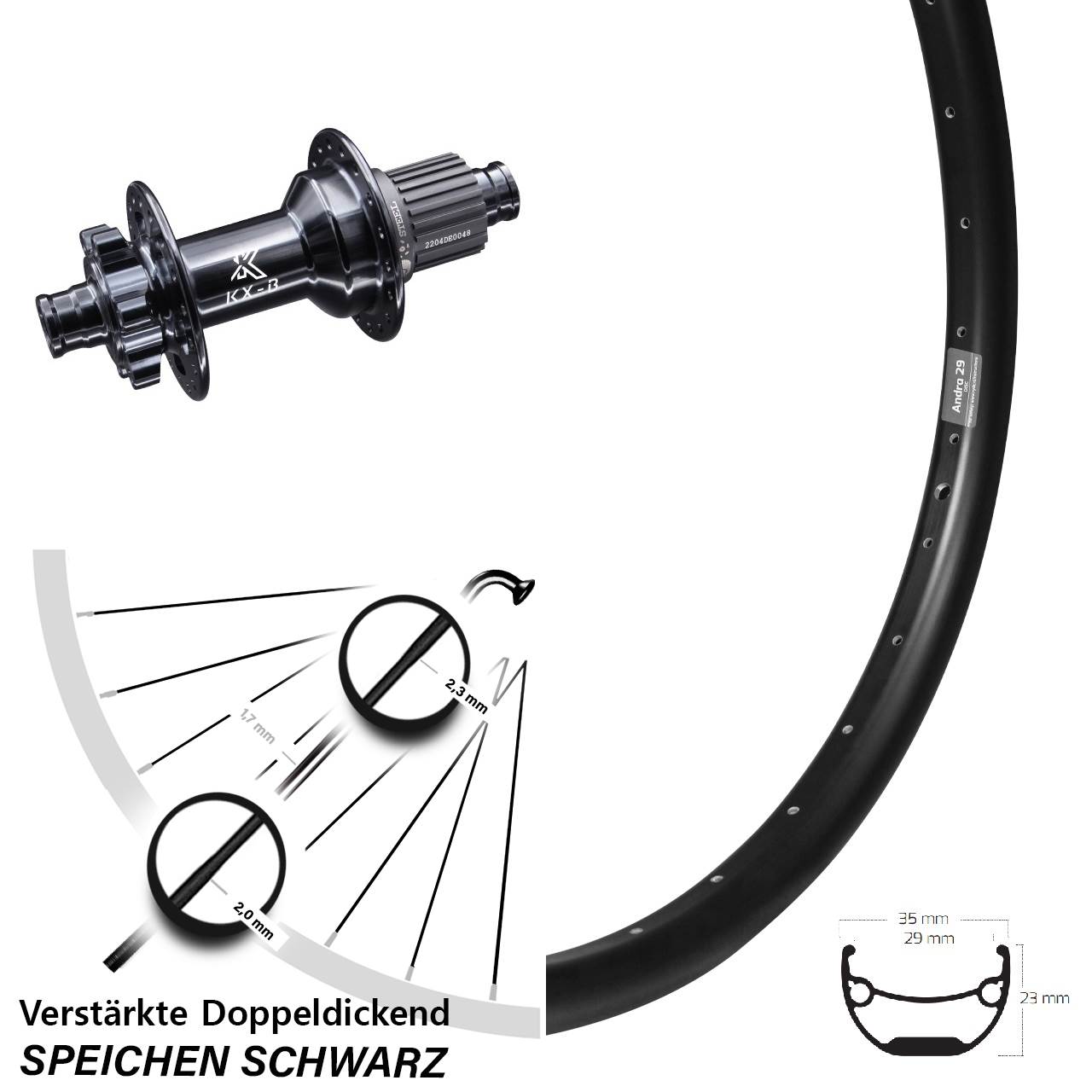 KX-B 12x148 mm Micro Spline Boost 6-loch Hinterrad Ryde Andra 29 Zoll verstärkt