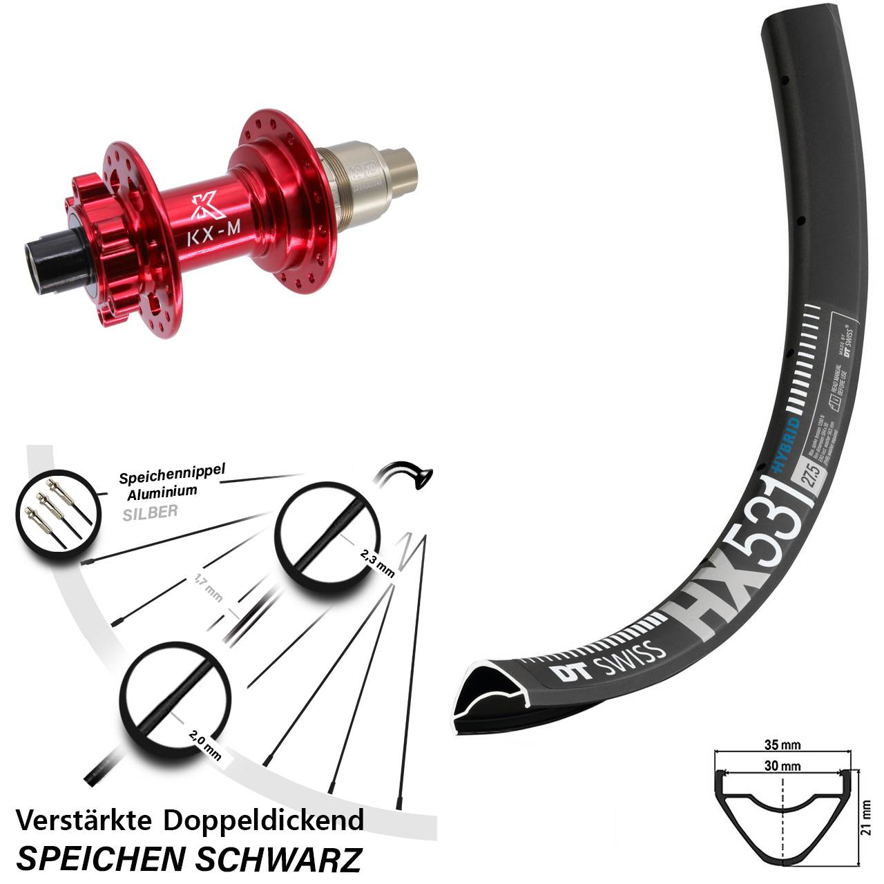 29 Zoll DT Swiss HX531 KX-M rot 6-Loch Hinterrad 12x142 XD