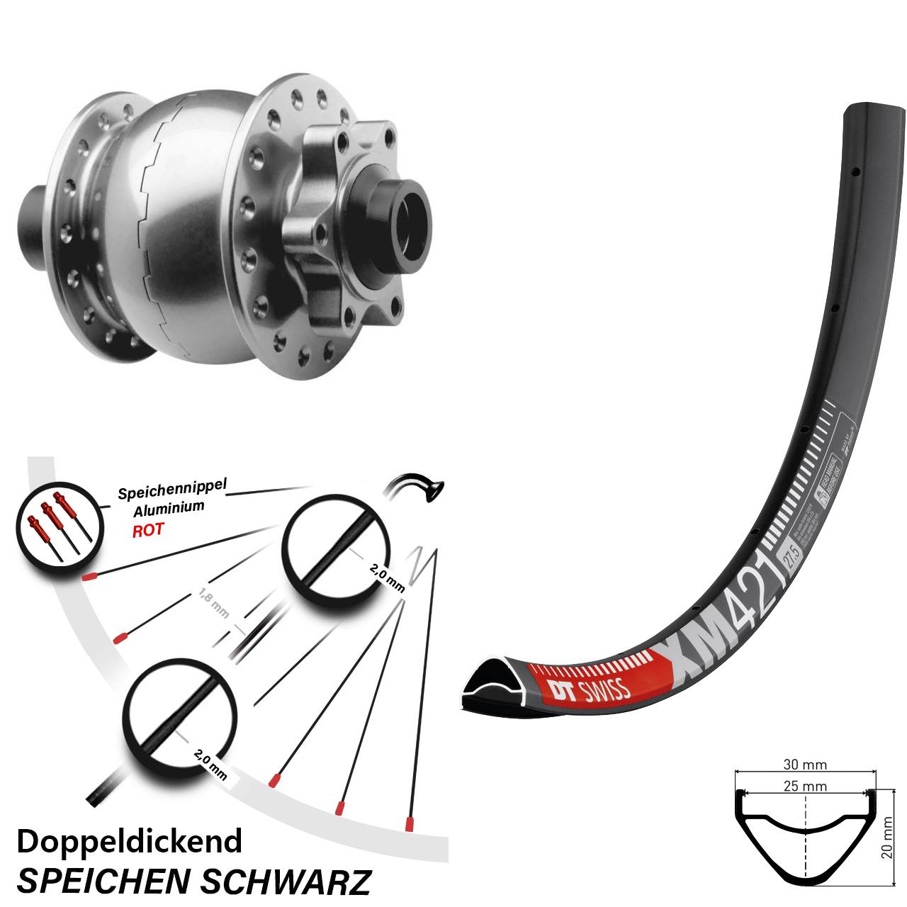 SON 28 DT Swiss XM421 27,5 Zoll Vorderrad mit Nabendynamo 6-Loch 15x100
