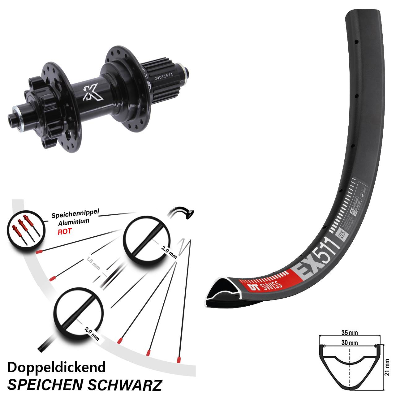 Disc Laufrad für Schnellspanner 29 Zoll DT Swiss EX511 KX-M Micro Spline