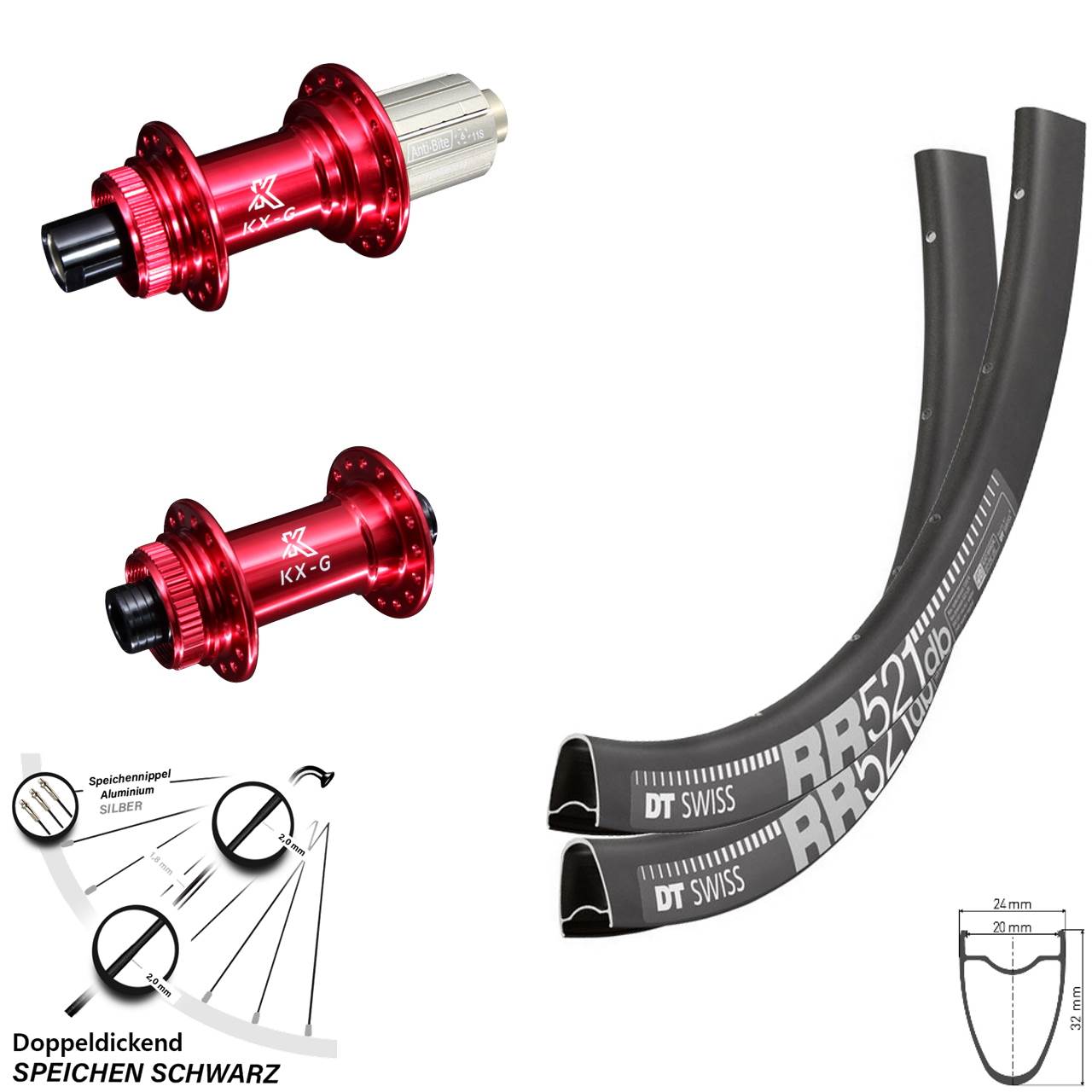 Disc Laufrad-Satz 28 Zoll DT Swiss RR 521 KX-G rot 8-12 fach 12x100/142
