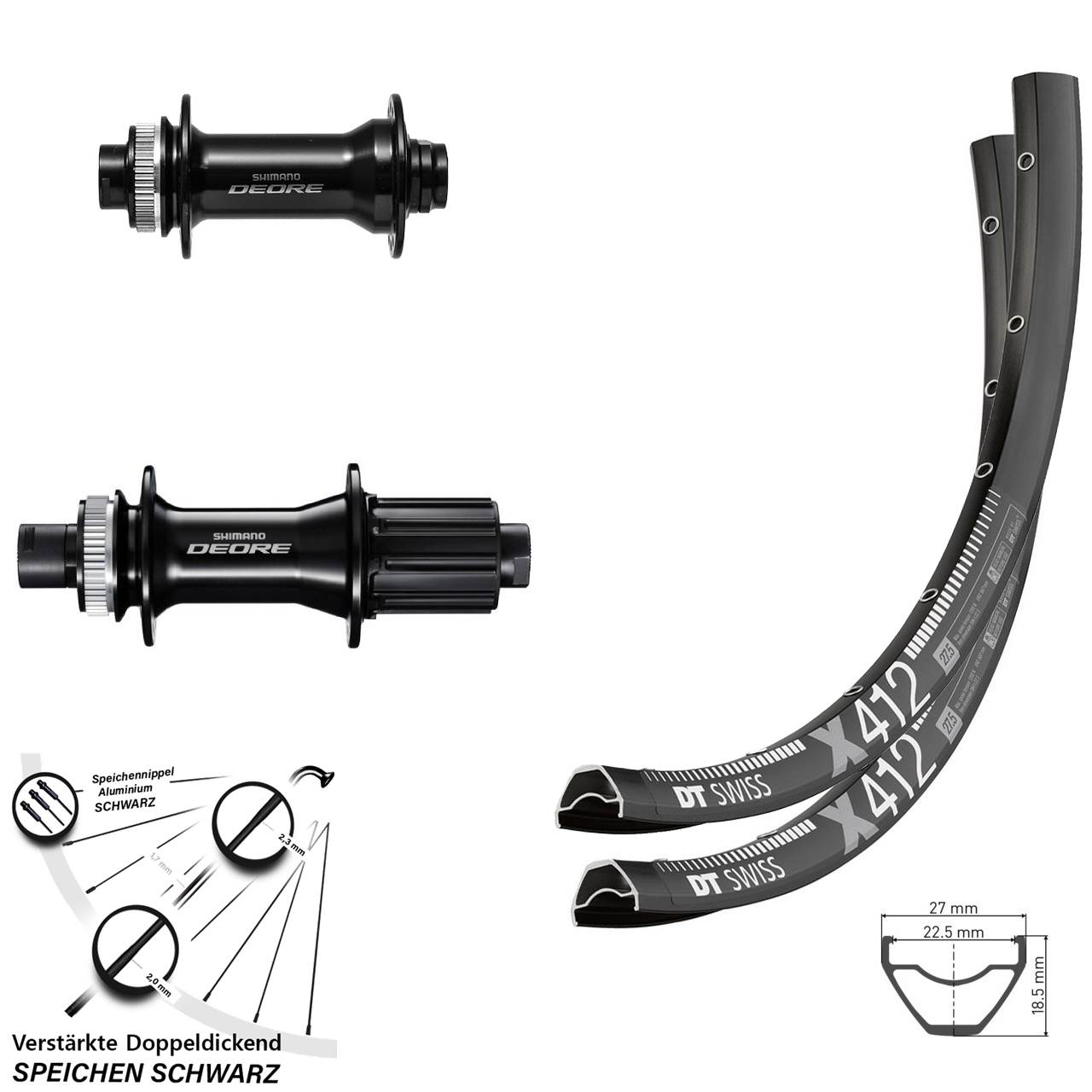 28 Zoll DT Swiss X412 Shimano FH-M6010-B HB-M6010-B Disc Laufrad-Satz 15x110 12x148 Bo