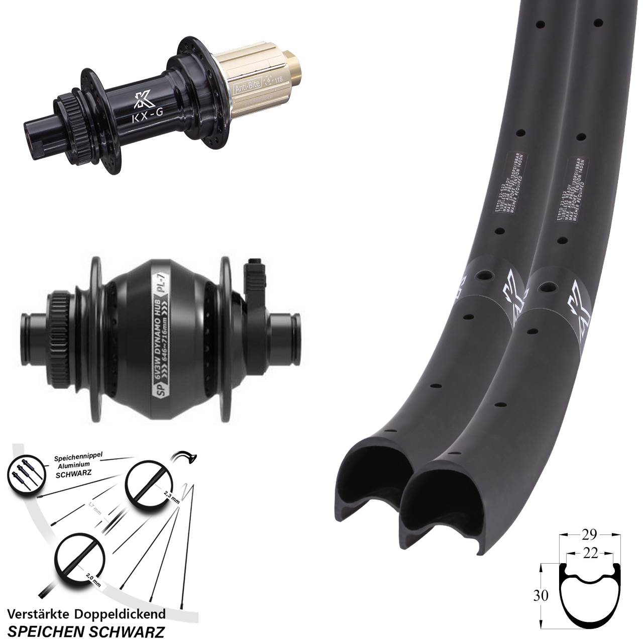 Laufrad-Satz 28-29 Zoll KX-G-RC Gravel Carbon Shutter PL-7 8-12 fach 12x100/142