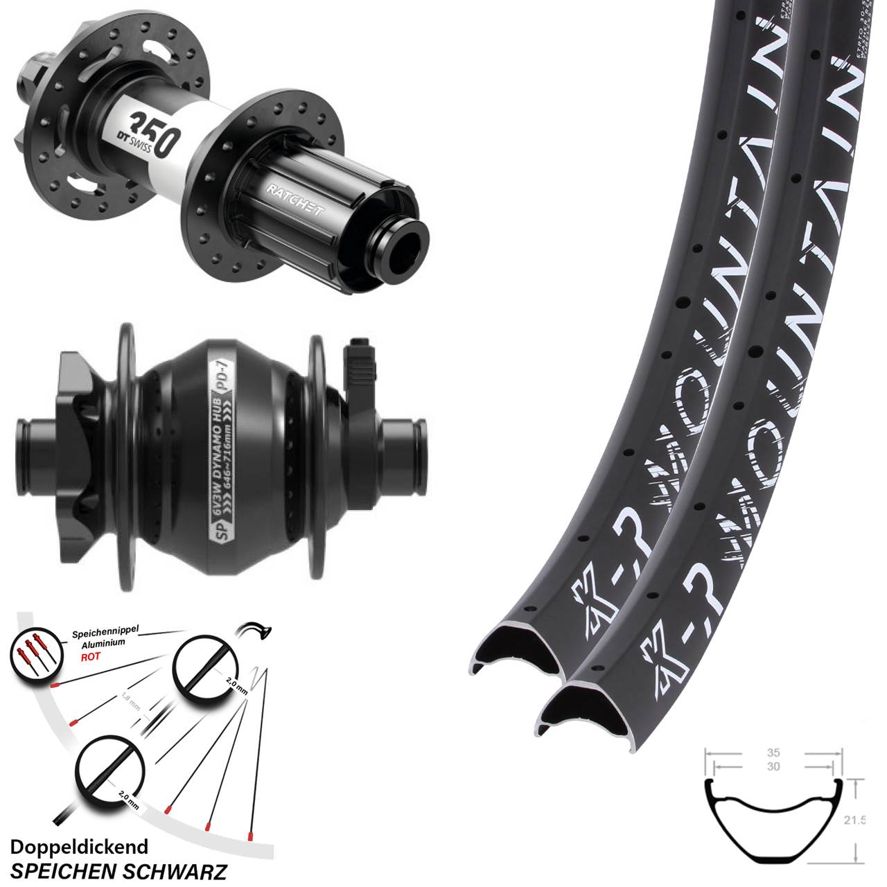 Laufradsatz 29 Zoll KX-R Mountain 12x100/142 schwarz DT Swiss 350 SP PD-7 Dynamo HG Disc