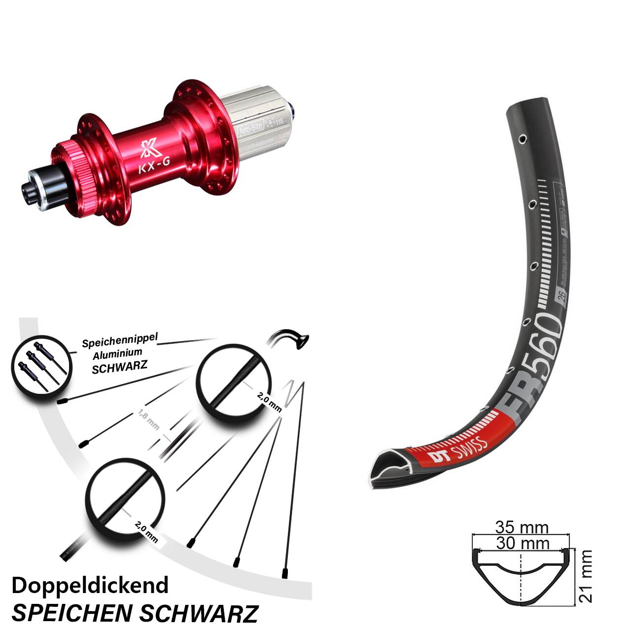 26 Zoll Hinterrad DT Swiss FR 560 KX-G rot 8-12 fach