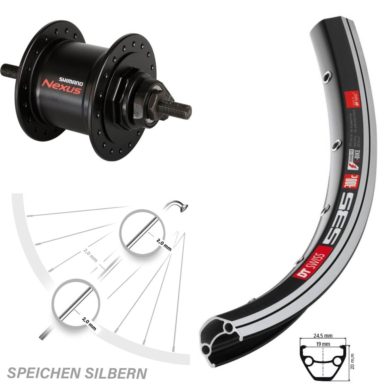 Vorderrad 28 Zoll DT Swiss 535 Shimano DH-C3000 Nabendynamo