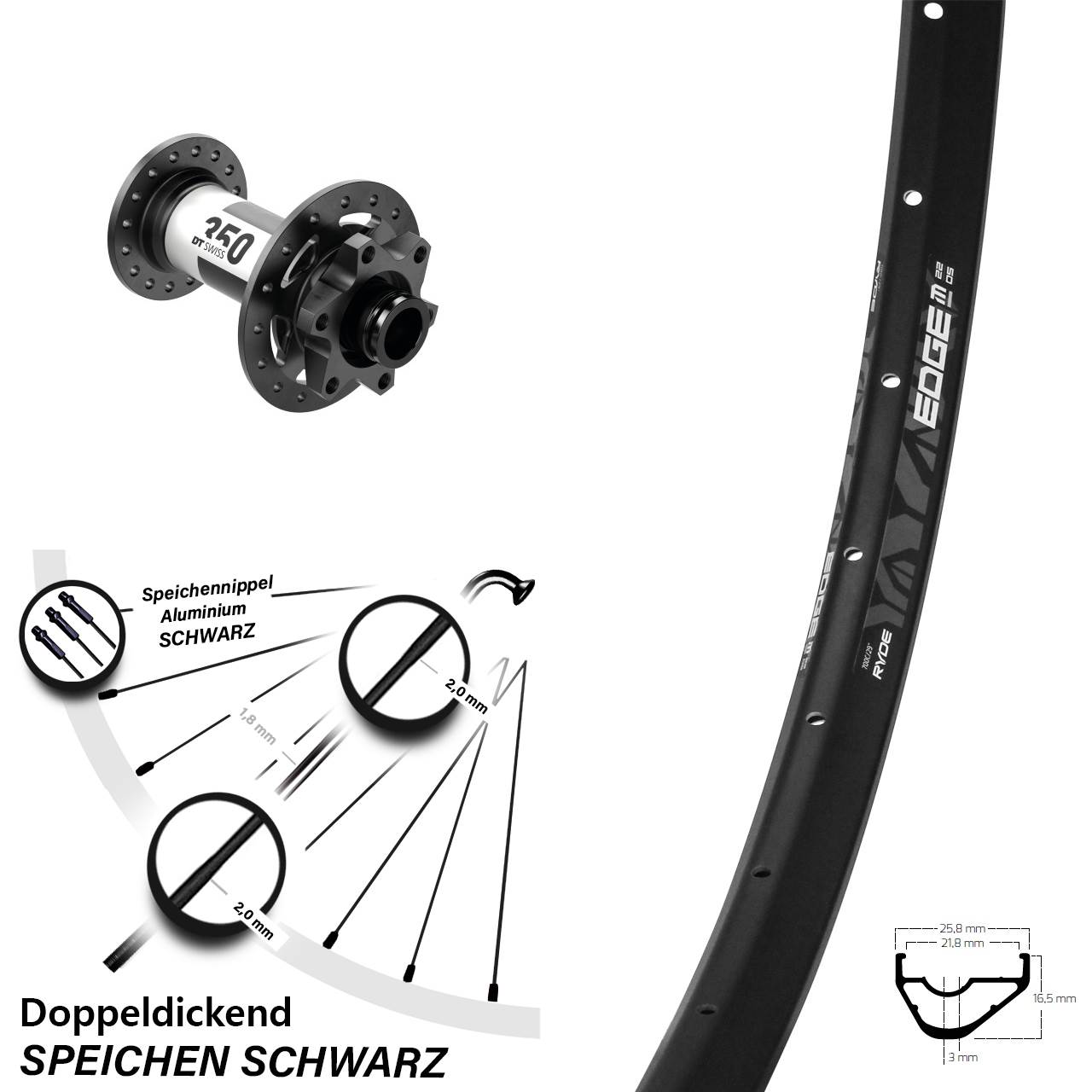 Ryde Edge M22 OS Disc DT Swiss 350 12x100 Vorderrad 28 Zoll schwarz