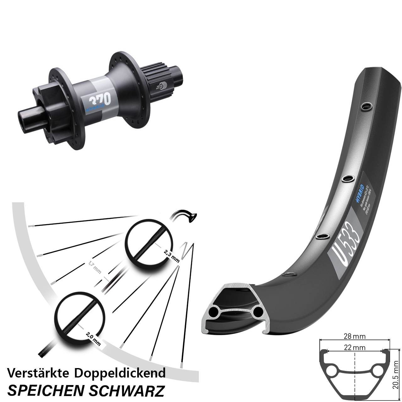 Disc Hinterrad 28-29 Zoll DT Swiss U 533 Hybrid 370 Shimano Micro Spline 12x148