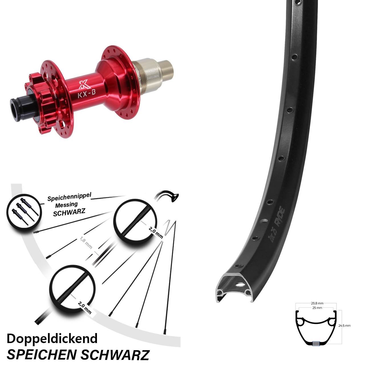28-29 Zoll Ryde ZAC 25 KX-B rot Hinterrad 6-Loch 12x148 SRAM XD