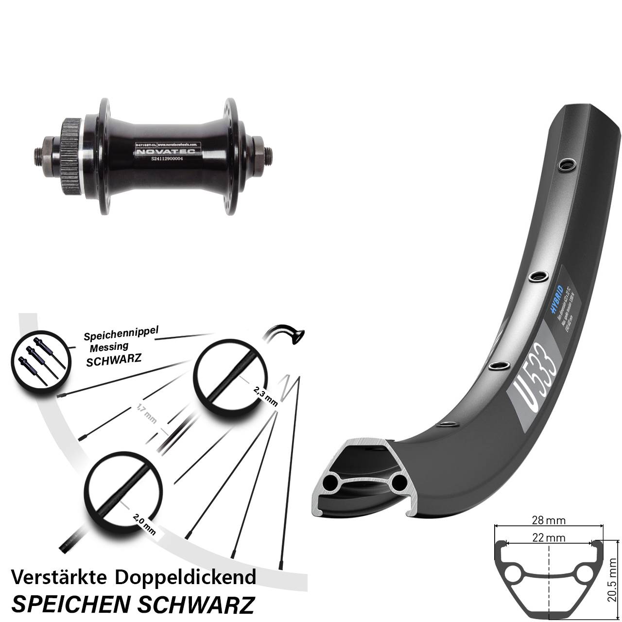 27,5 Zoll DT Swiss U 533 Novatec D471 Disc Vorderrad für Schnellspanner