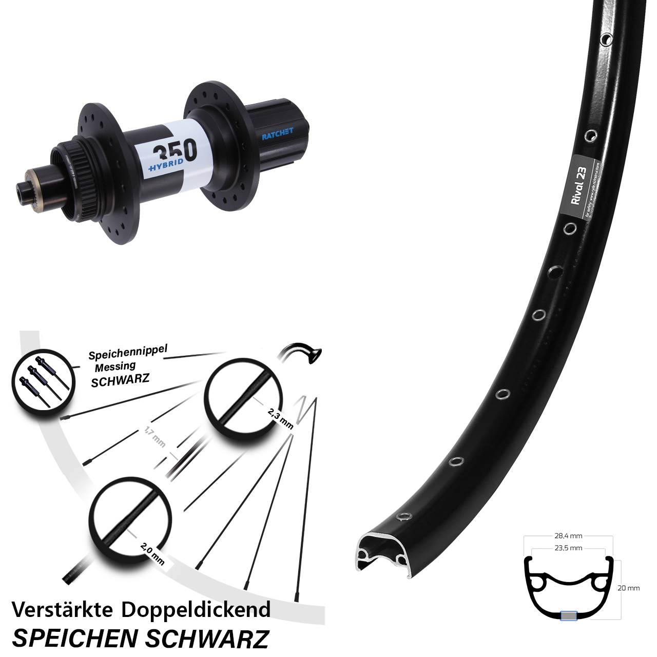 Disc Hinterrad 27,5 Zoll Ryde Rival 23 DT Swiss 350 Hybrid 8-11 fach HG QR Boost