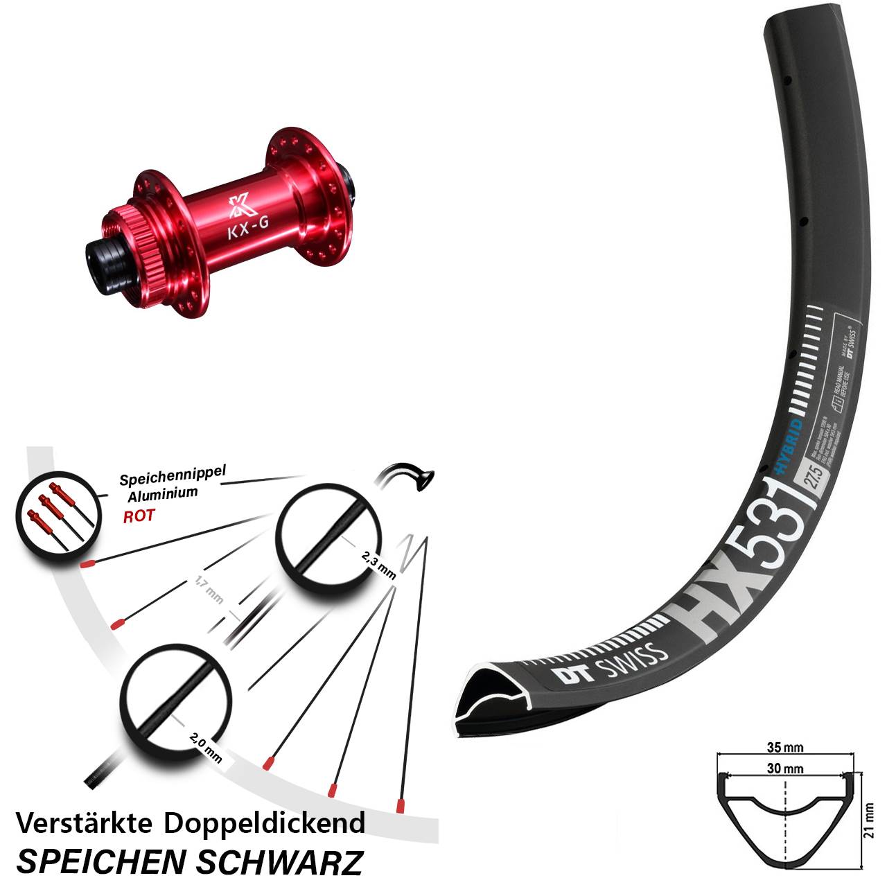 Centerlock Vorderrad 29 Zoll DT Swiss HX531 KX-G rot 12x100