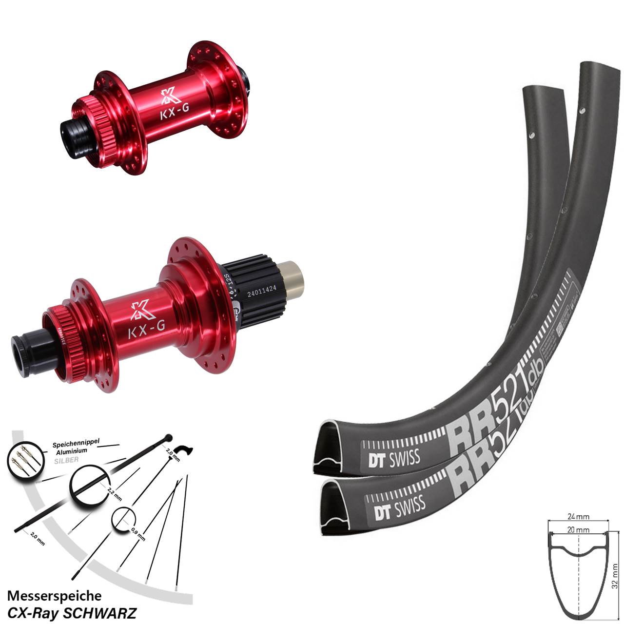 DT Swiss RR 521 KX-G rot 28 Zoll Laufradsatz Centerlock 12x100/142 CX-Ray Micro Spline