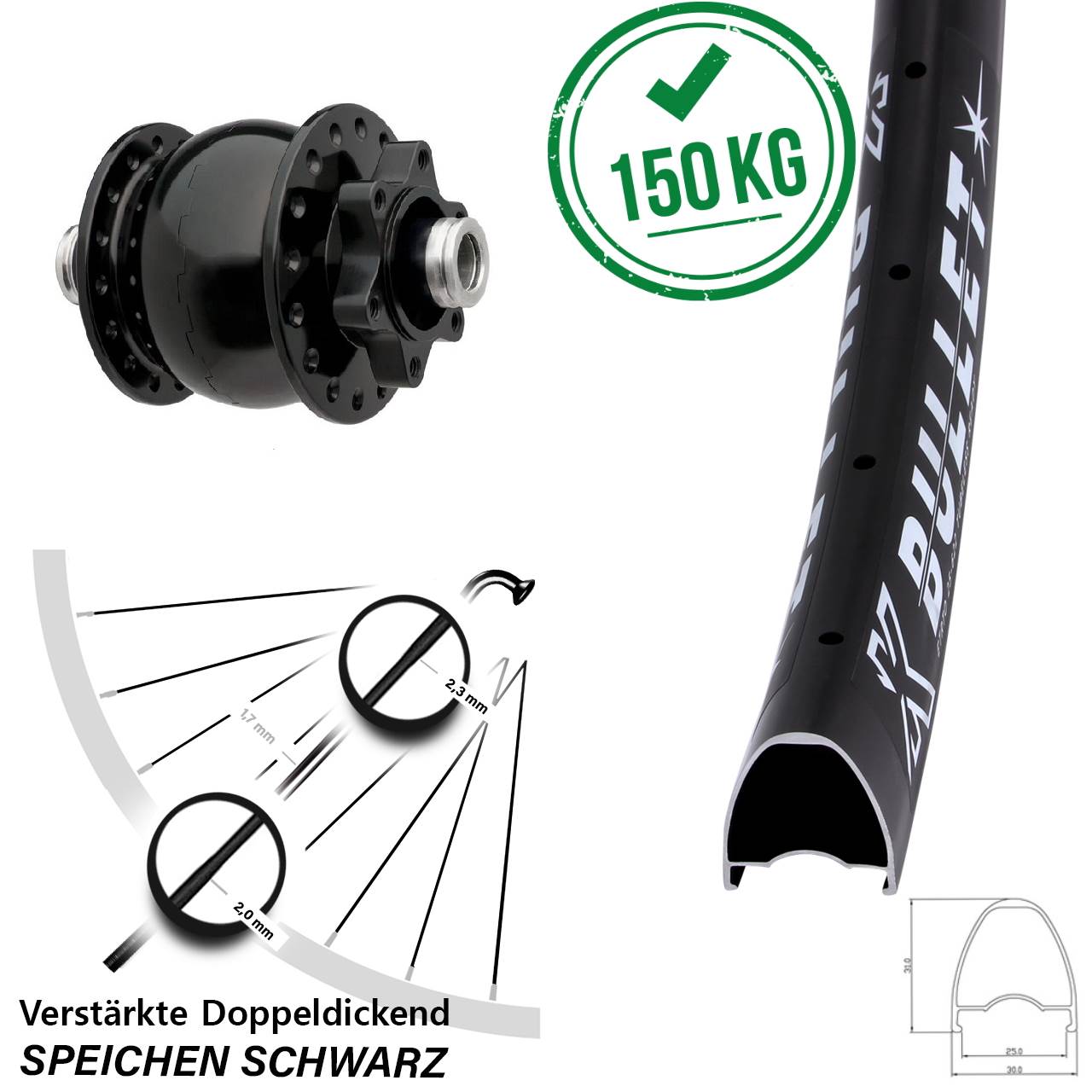 Disc Laufrad mit Nabendynamo KX Bullet SON 28 Zoll 12x100