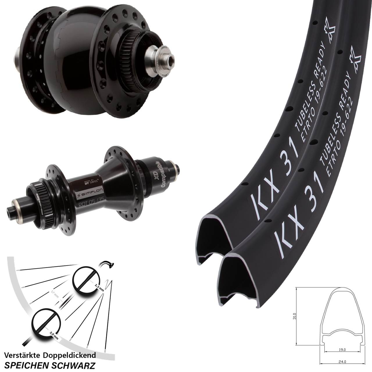 28 Zoll KX 31 DT Swiss 370 SON delux Centerlock Laufradsatz QR SRAM XD