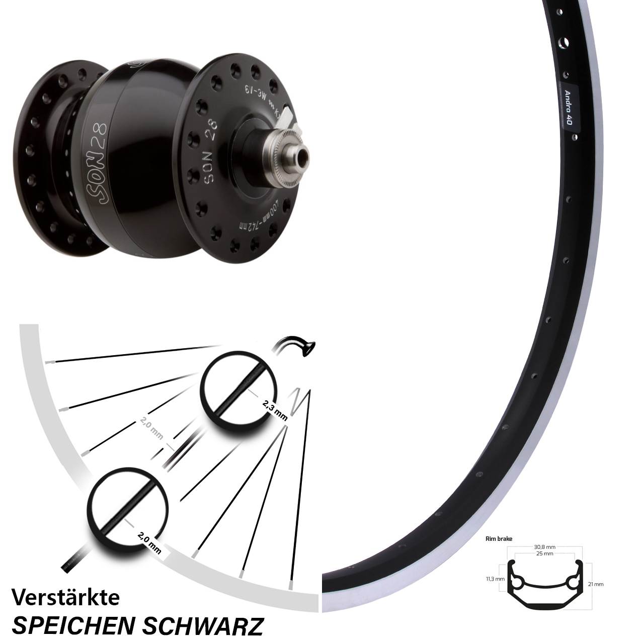 Ryde Andra 40 Vorderrad 26 Zoll SON 28 Nabendynamo 5x100 schwarz