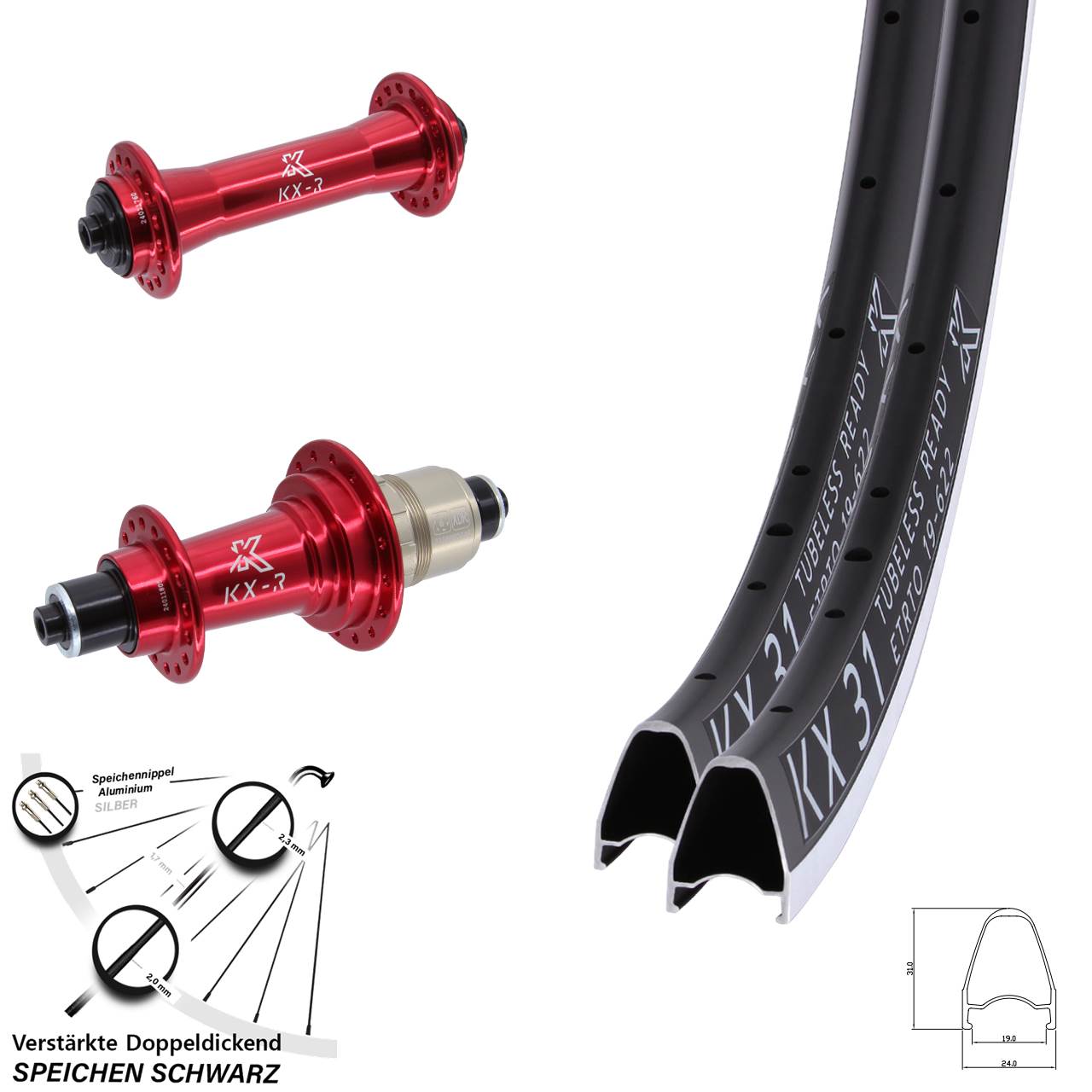 Laufradsatz 28 Zoll KX-R 31 rot XDR 11-12 fach QR