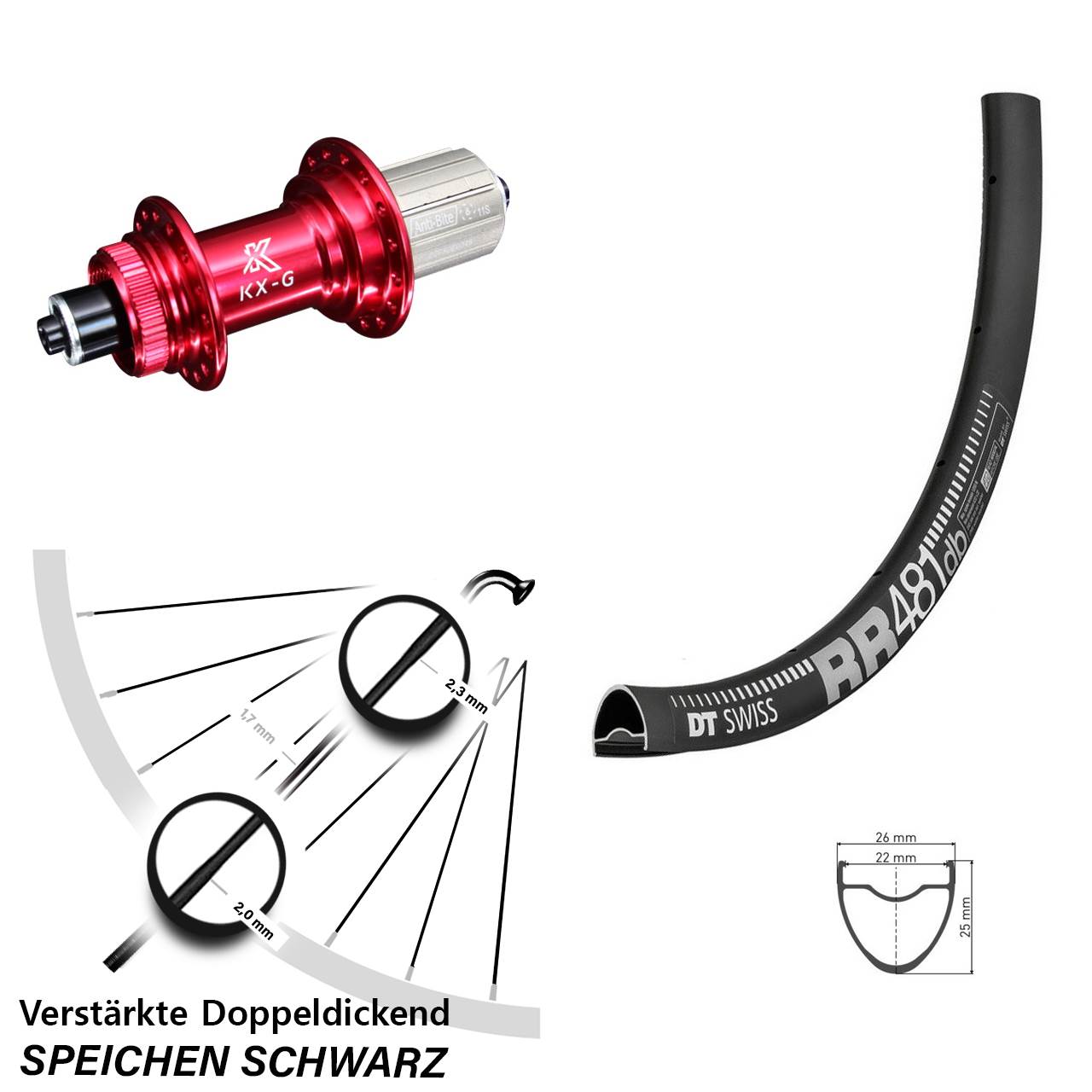 28 Zoll Hinterrad DT Swiss RR 481 DB Nabe KX-G rot-eloxiert 5x135 mm 8-12 fach verstärkt