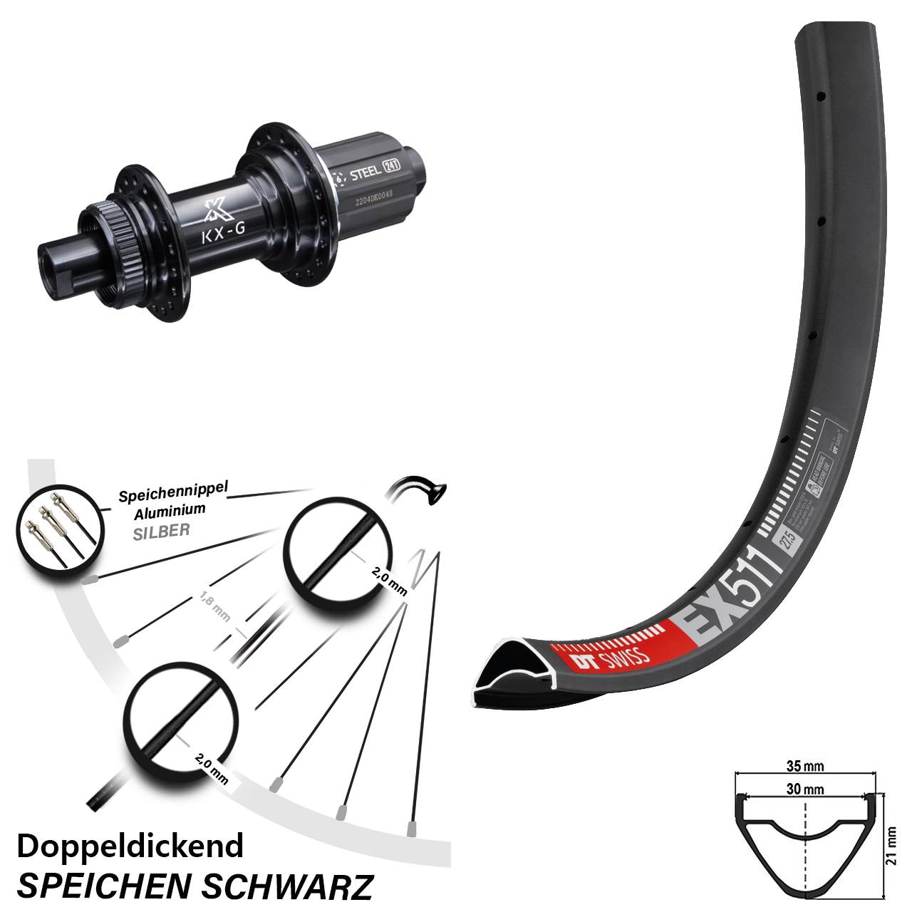 29 Zoll DT Swiss EX 511 KX-GS verstärkt Centerlock Hinterrad 12x142 8-12 fach HG