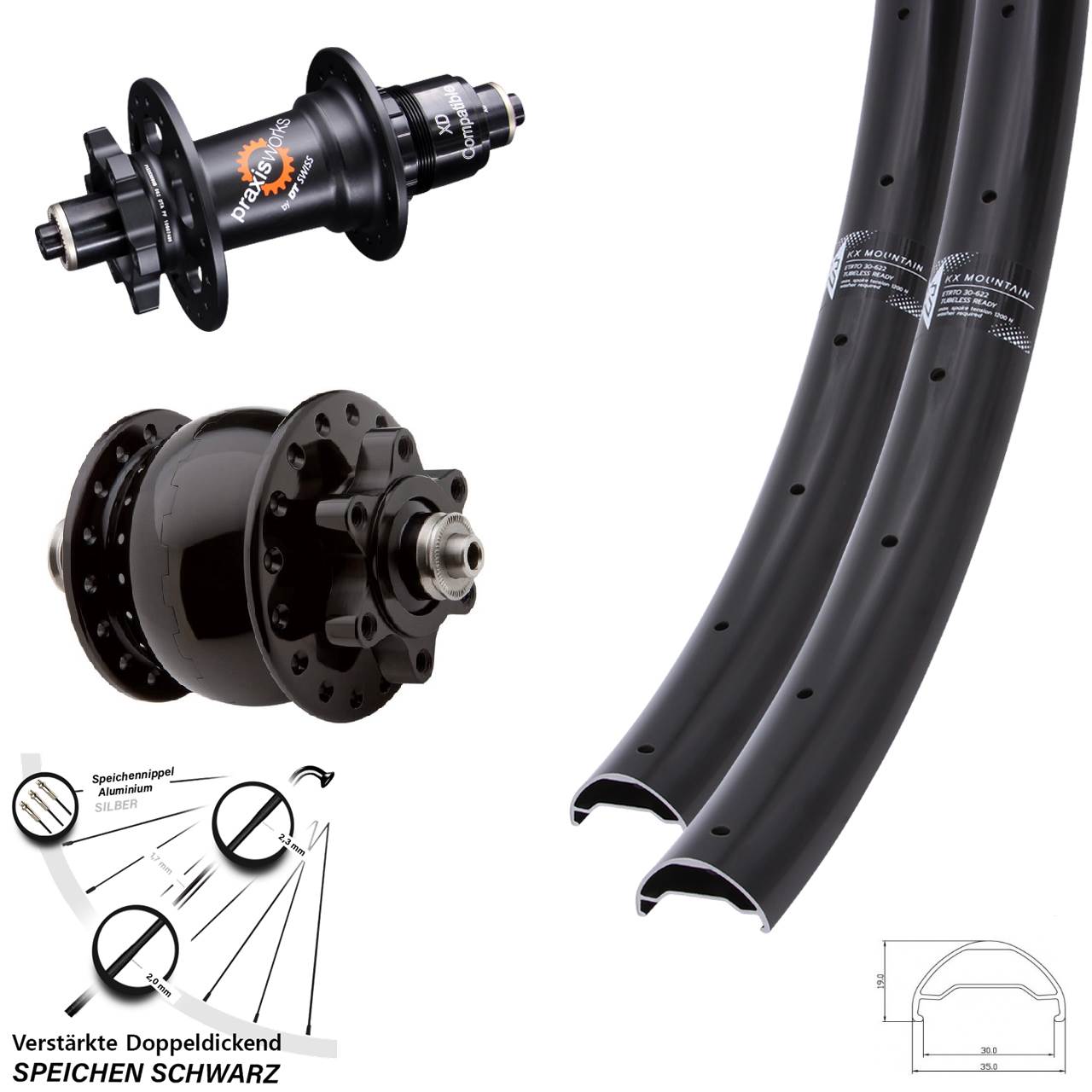 Disc Laufradsatz 29 Zoll KX Mountain DT Swiss 350 SON 28 XD für Schnellspanner
