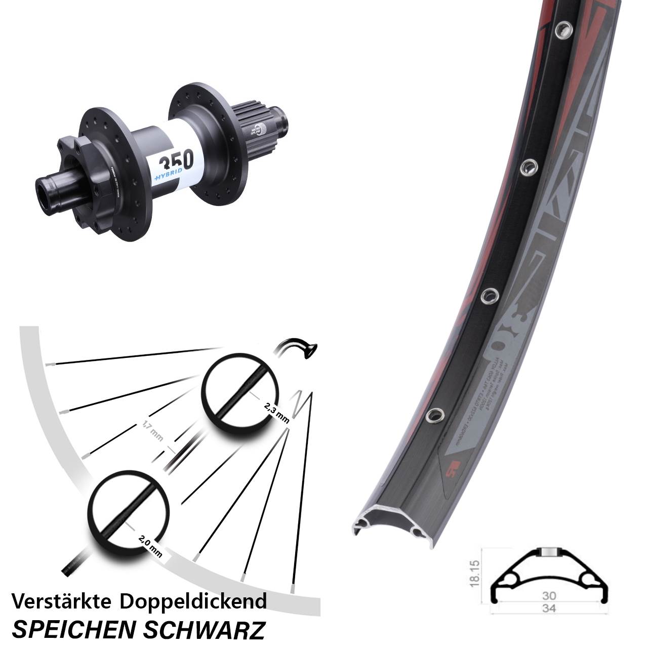 29 Zoll Rodi TRYP 30 DT Swiss Hybrid 350 6-Loch Hinterrad 12x148 Shimano Micro Spline