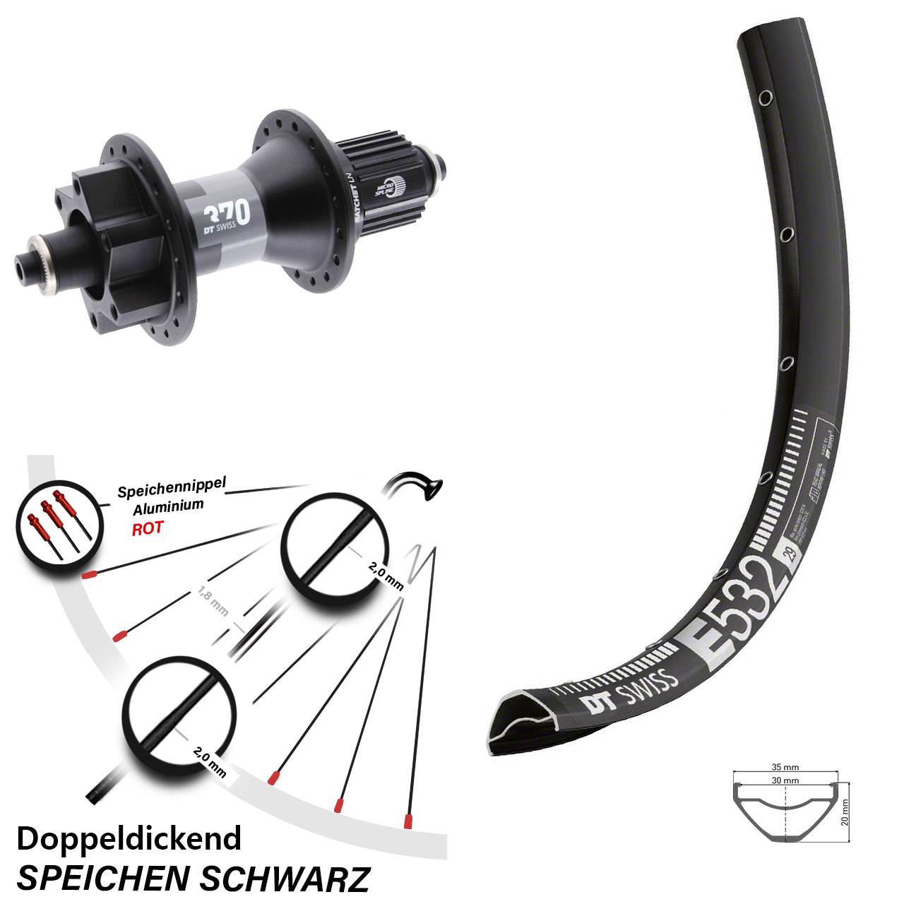 27,5 Zoll DT Swiss E 532 370 Boost Disc Hinterrad für Schnellspanner Micro Spline