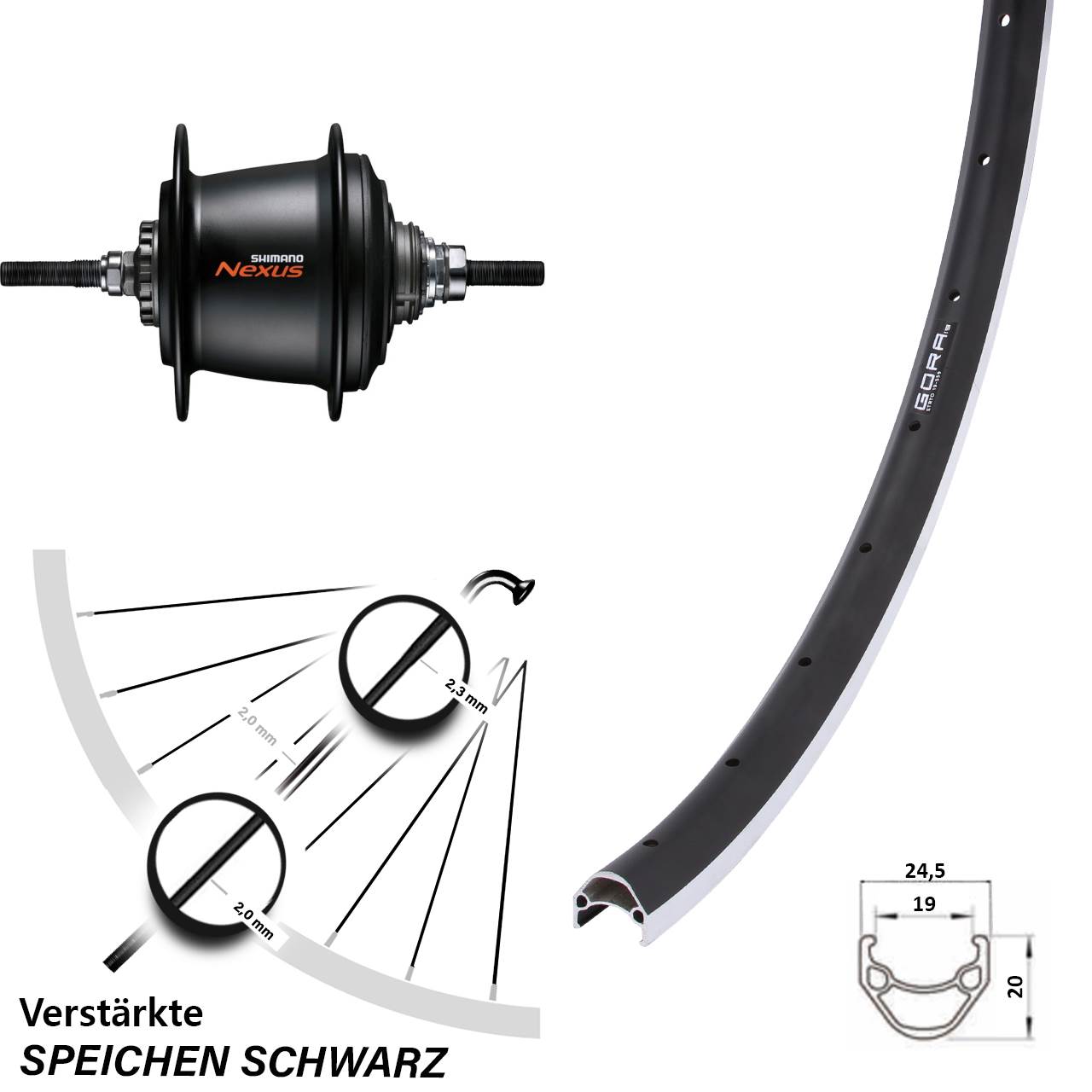 26 Zoll Hinterrad Shimano 7 Gang Nabenschaltung Freilauf Gora 19