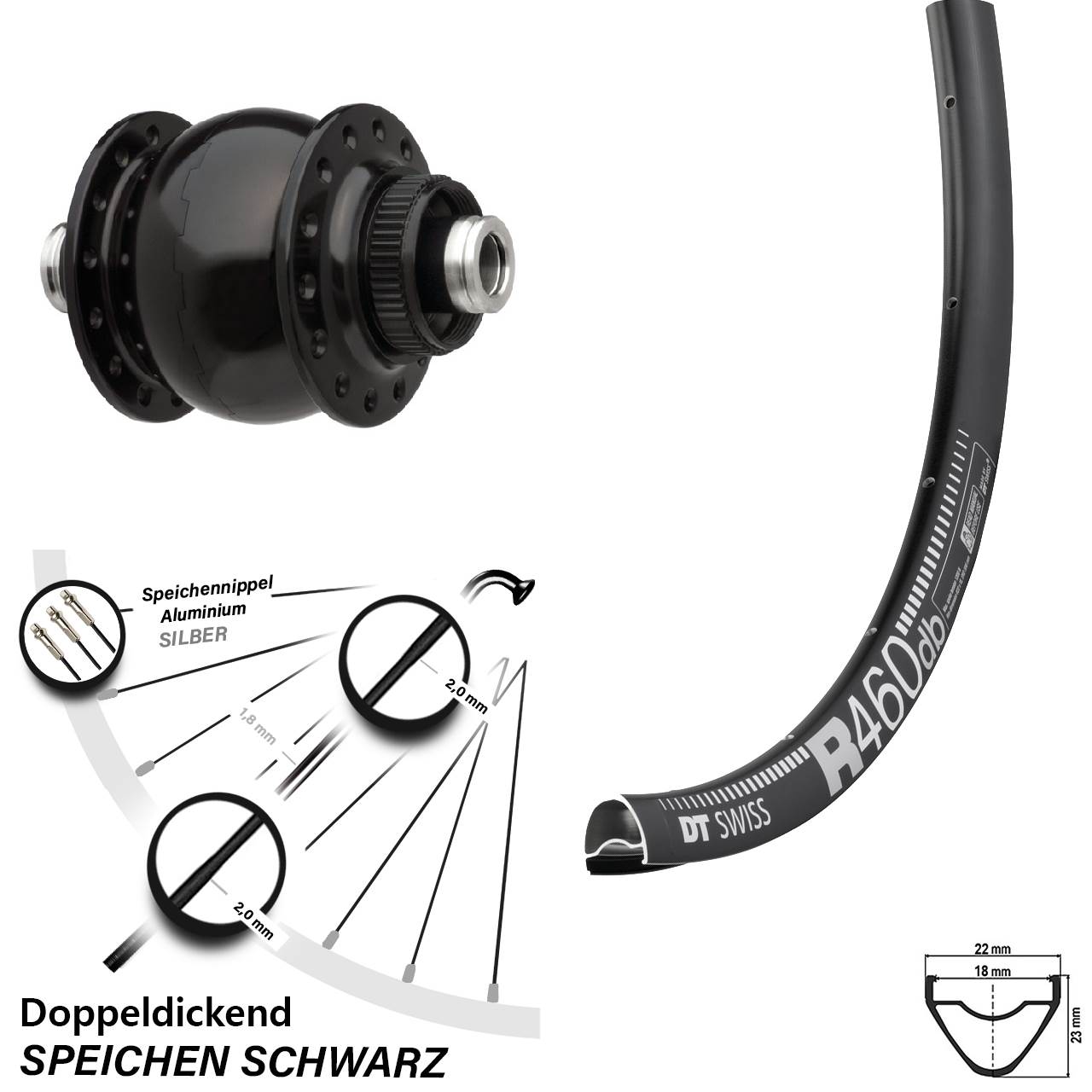 28 Zoll Vorderrad für Steckachse DT Swiss R 460 Son 28-12 Centerlock Nabendynamo